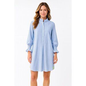 NEW CARYN LAWN KIMBERLY shirt dress cotton poplin blue white ruffle striped OS